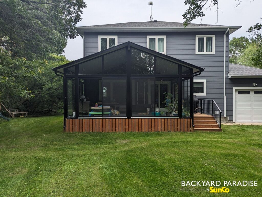 Black Gable sunroom with black aluminum railings , La Salle , Manitoba 4