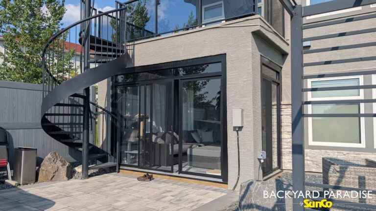 Black curtain wall enclosure walk out basement in Bridgwater, Winnipeg