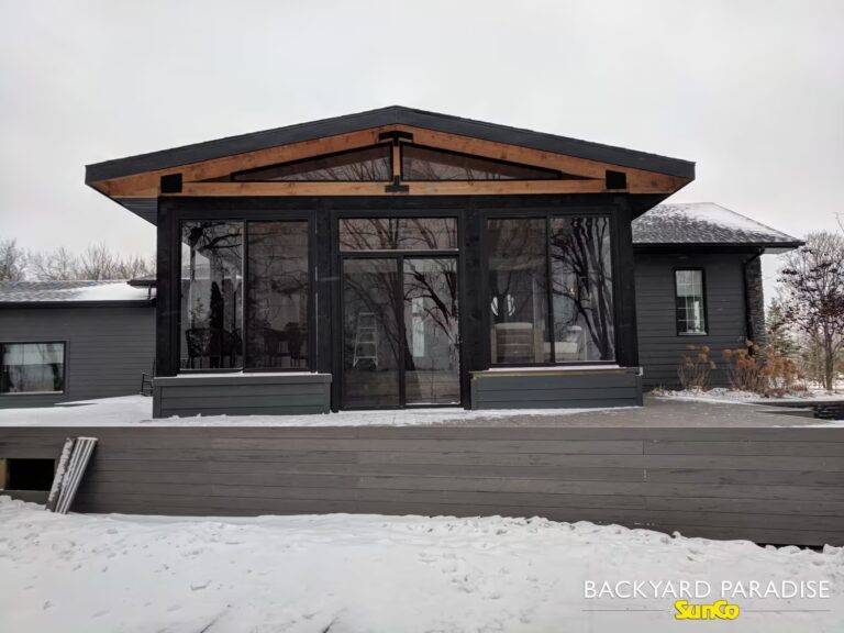 Black curtain wall timber frame in fill sunroom Rossendale, Manitoba