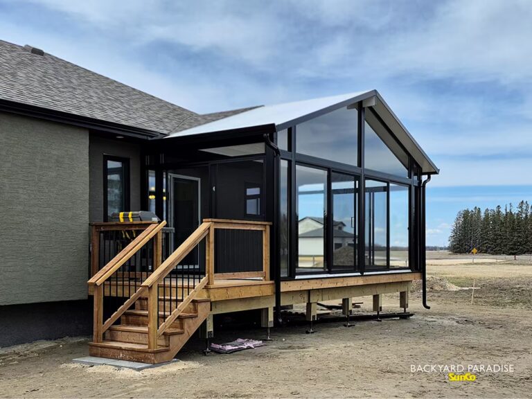 Black elevated gable sunroom in Balmoral, Manitoba