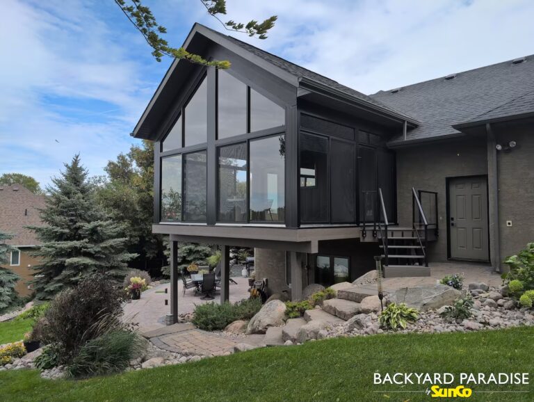 Black gable sunroom on top of walk-out basement in Beausejour, Manitoba