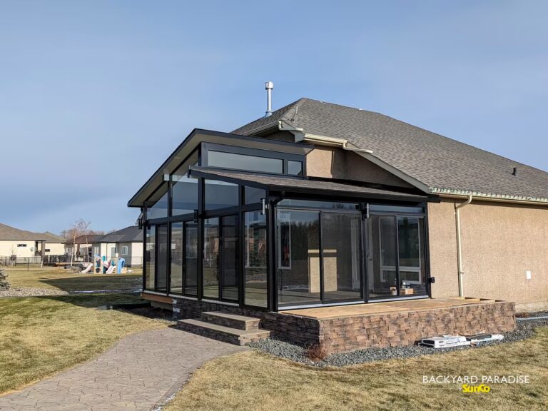 black offset gable sunroom in La Salle, Manitoba