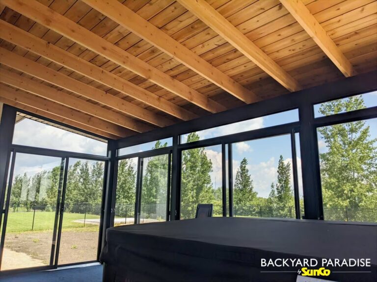 Black studio sunroom with cedar roof interior in La Salle, Manitoba