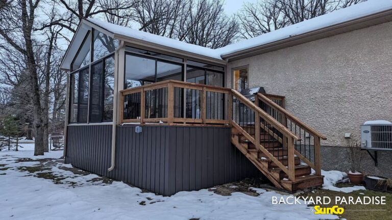 Sandalwood and black gable sunroom installed in Warren, Manitoba