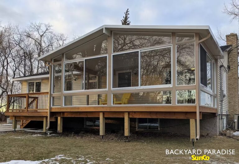 Sandalwood and white gable sunroom installed in Portage la Prairie, Manitoba.