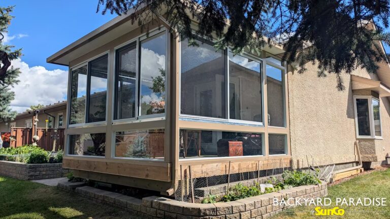 Sandalwood and white studio sunroom installed in Portage la Prairie, Manitoba