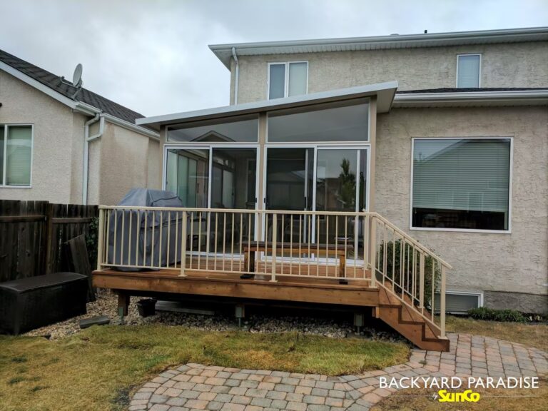 Sandalwood and white elevated studio sunroom with treated wood deck in Lindenwoods, Winnipeg