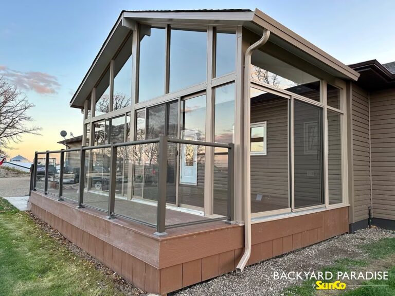 sandalwood gable sunroom with composite deck in Notre Dame de Lourdes, Manitoba