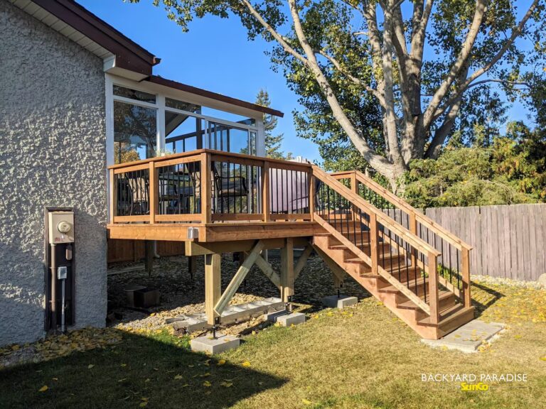 treated lumber deck with wood railings pulberry winnipeg