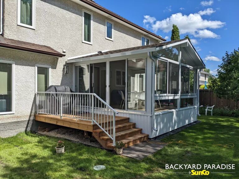 white gable sunroom with treated landing and aluminum rail north kildonan winnipeg manitoba