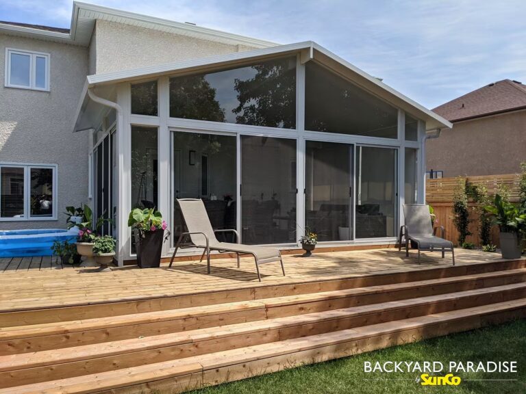 white gable sunroom with wrap around stadium staircase lindenwoods winnipeg manitoba