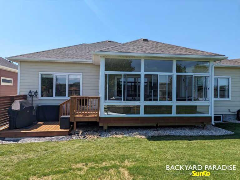 white structural curtain wall sunroom with conventional truss roof headingley manitoba