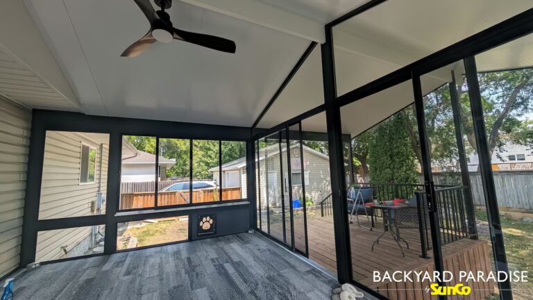 black gable sunroom with extended roofline in Stonewall, Manitoba