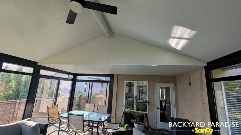 black gable sunroom with hybrid roof system island lakes winnipeg