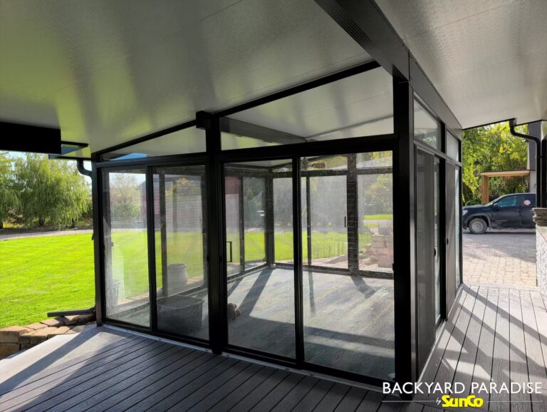 black studio sunroom outdoor kitchen composite deck Landmark Manitoba