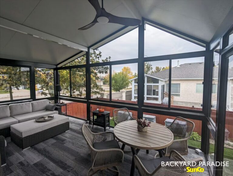 elevated black offset gable sunroom in island lakes ,winnipeg