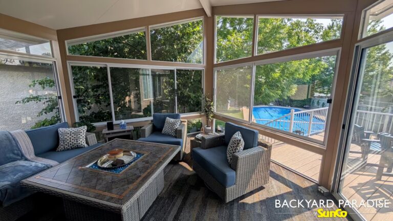 sandalwood and white gable sunroom with angled front wall in St Vital, Winnipeg