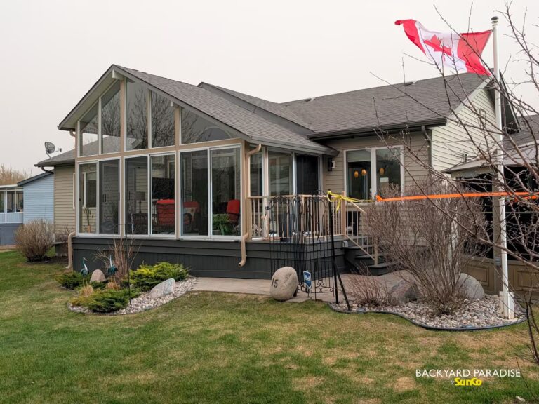 sandalwood and white offset gable sunroom in Sanford, Manitoba