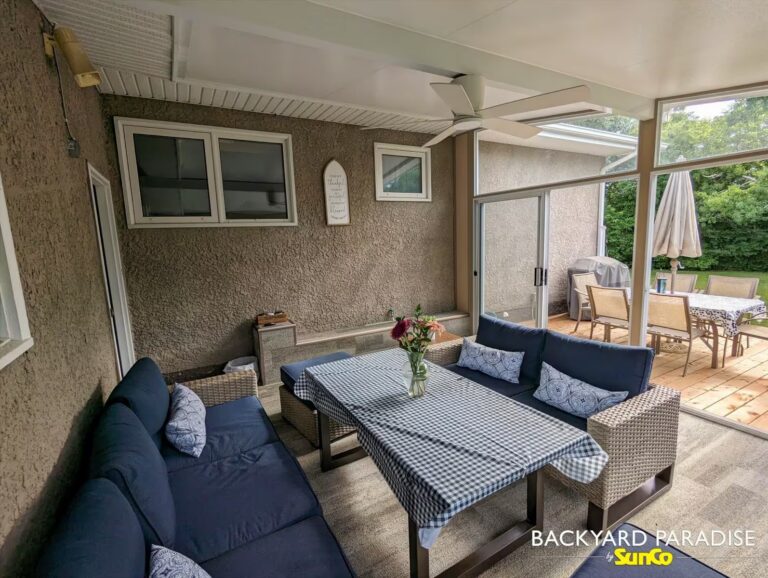 sandalwood and white studio sunroom at grade with treated wood deck charleswood winnipeg