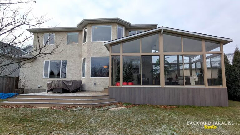 sandalwood gable sunroom with composite skirt in Royalwood, Winnipeg