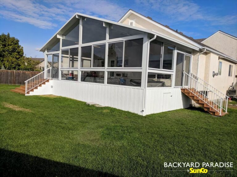 white gable swim spa sunroom with treated stadium staircase in Lindenwoods, Winnipeg