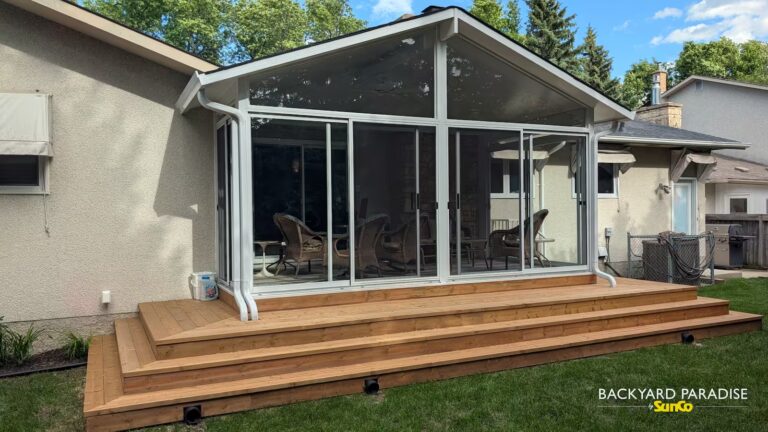 white gable sunroom with stadium staircase